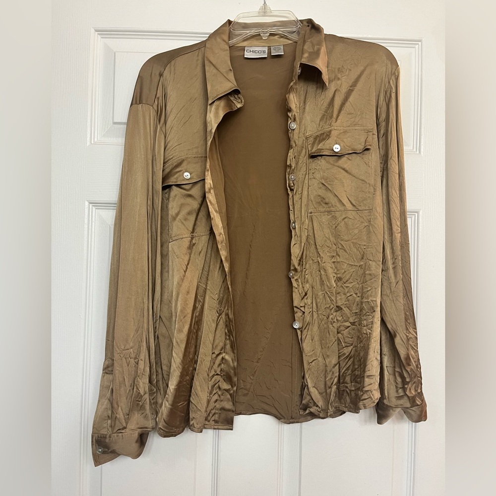 Chico's Bronze Button-Down Silk Shirt